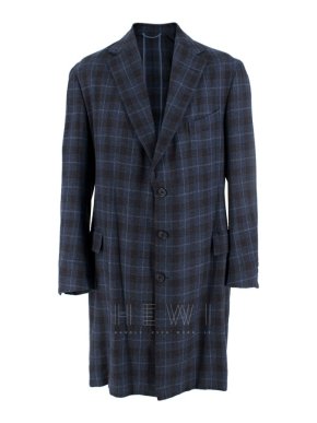 Hardy Amies Navy Blue Check Wool Men's Longline Coat