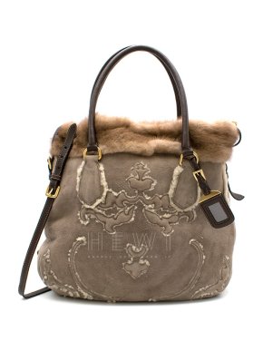 Prada Sheep Shearling & Suede Mink Fur Trim Tote Bag