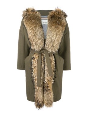 Ava Adore Khaki Belted Raccoon Fur Trim Coat