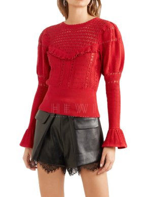 Self-Portrait Ruffled Open-Knit Cotton Sweater