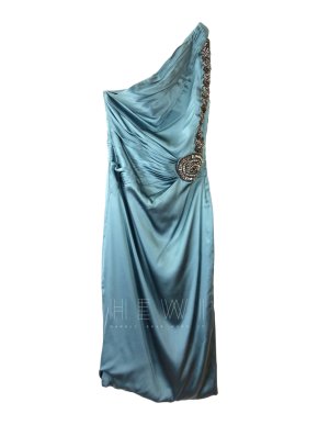 Roberto Cavalli one shoulder embellished teal silk dress