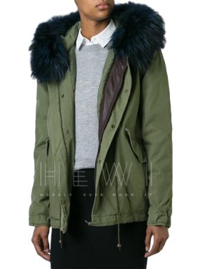 Mr & Mrs Italy Green Parka Coat with Blue Racoon Fur Hood