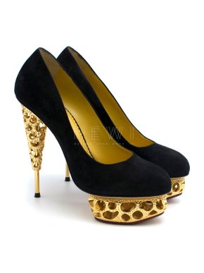 Charlotte Olympia Objets D'Art Black Suede Gold Sculptured Pumps