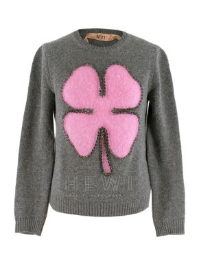 No.21 Grey & Pink Wool Four Leaf Clover Intarsia Embellished Jumper