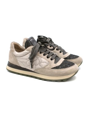 Brunello Cucinelli Beige Quilted Suede Velour Monili Trainer Sneakers