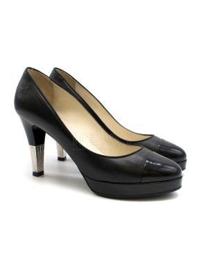 Chanel Black Leather Cap Toe Metal Heel Pumps