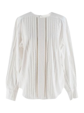 Chloe White Button-Sleeve Lace-Trim Cotton Blouse