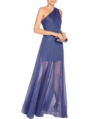 Halston Halton Heritage Indigo One Shoulder Semi Sheer Gown
