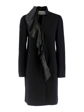 Valentino Black Wool & Cashmere Coat W/ Leather Frilled Trim