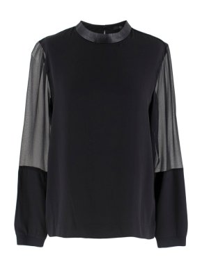 Tibi black silk blouse w/ leather trim & sheer sleeves
