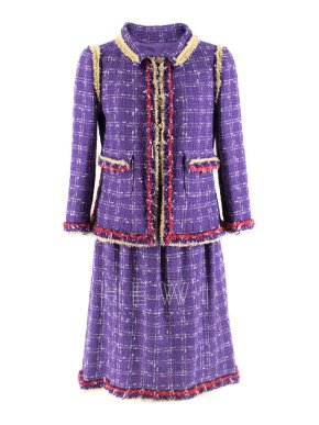 Chanel Lilac Tweed Jacket & Skirt W/ Multicolour Raw Hem