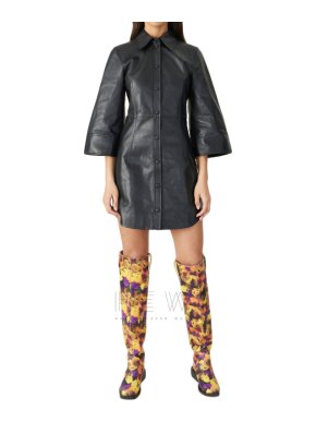 Ganni Black Lambs Leather Mini Dress - Current Season