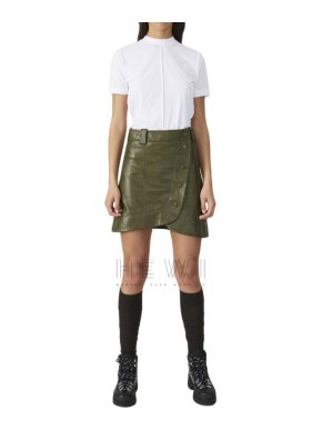 Ganni Khaki Asymmetric Lamb Leather Wrap Mini Skirt - New Season