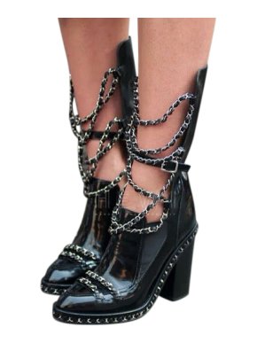 Chanel Black Patent Leather Chain Detail Runway Boots