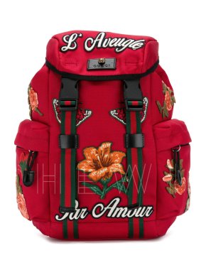 Gucci Red Techno Nylon Floral Embroidered Backpack