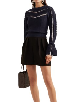 Self-Portrait Navy Lace-trimmed Ruffled Knit Sweater