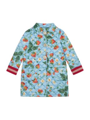 Gucci Kid's light blue strawberry print quilted coat