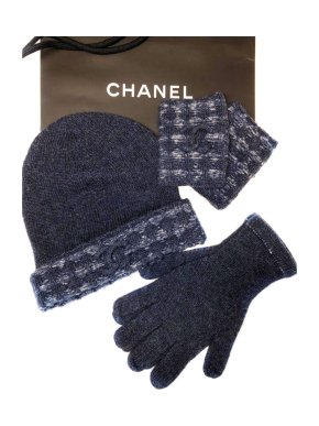 Chanel Blue Tweed Hat, Gloves & Cuff