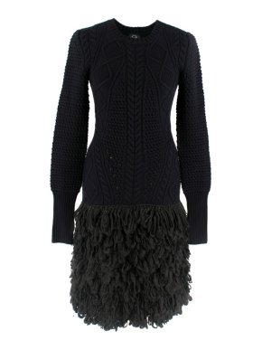 McQ by Alexander McQueen Black Wool Cable Knit Fringed Dress