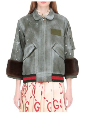 Gucci Khaki Spray Painted Bomber Jacket W/ Mink Fur Cuffs