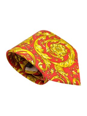 Versace Red & Gold Silk Baroque Floral Print Tie