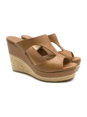 Jimmy Choo Camel Leather Espadrille Wedge Sandals