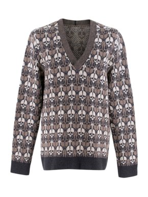 Alexander McQueen Brown Skull Print V-neck Sweater