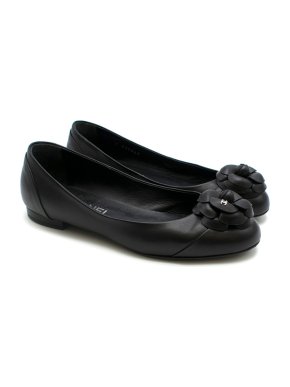 Chanel Black Leather Camellia Flower Ballet Pumps
