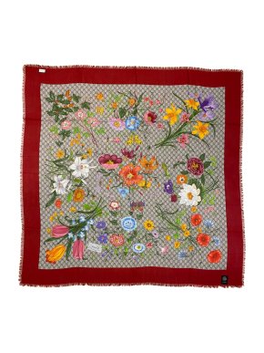 Gucci Monogram Floral Scarf W/ Red Trim