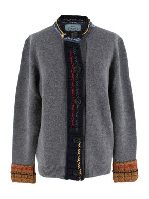 Prada Grey Virgin Wool Cardigan W/ Multicolour Knit Trim