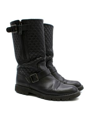 Chanel Black Buckle Front Quilted Leather Biker Boots