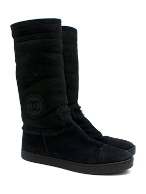 Chanel CC Embroidered Suede Shearling Lined Boots