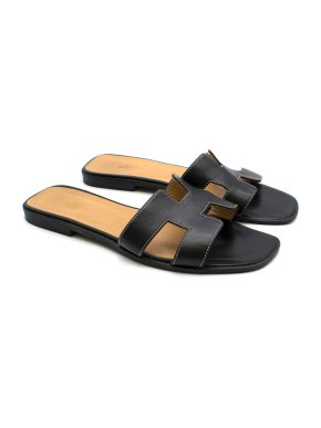 Hermes Black Leather Oran Sandals