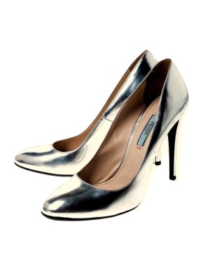 Prada Silver Round Toe Metallic Leather Pumps