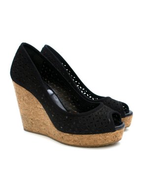 Jimmy Choo Black Suede Laser-Cut Wedges