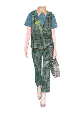 Prada Runway Green Tweed Sleeveless Top & Trousers