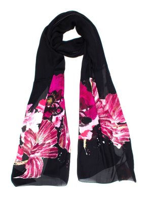 Roberto Cavalli long black floral print silk scarf