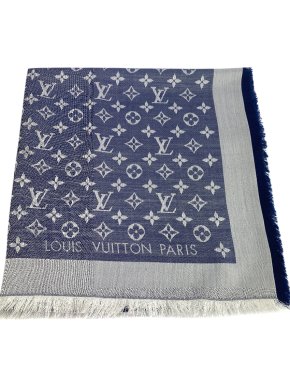 Louis Vuitton Monogram Denim Blue Silk/Wool Shawl.