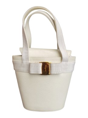 Salvatore Ferragamo White Vara Embossed Lizard Bucket Bag