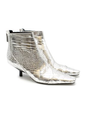 Loewe Silver Crocodile Embossed Leather Square Toe Ankle Boots