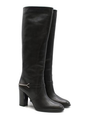 Saint Laurent Black Leather Long Boots w/ Silver Chain Trim