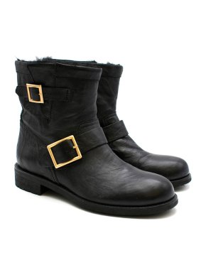 Jimmy Choo Youth Black Leather Biker Boots with Rabbit Fur
