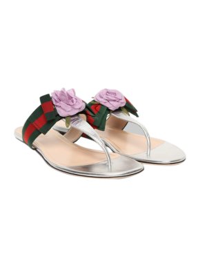 Gucci Metallic Leather Embellished Thong Sandals With Grograin Web Bow