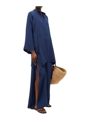 Three Graces Blue Flippa Side-Slit Silk Trousers