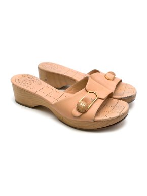Chanel Peach Leather & Wooden CC Platform Mules