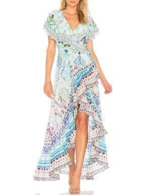 Camilla Blue Silk Frill Sleeve Hi Lo Dress