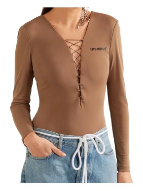 Off White C/O Virgil Abloh Lace-up appliqued stretch-jersey bodysuit