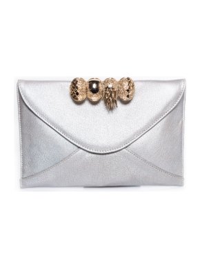 Maison Du Posh Silver Leather Envelope Knuckle Clutch