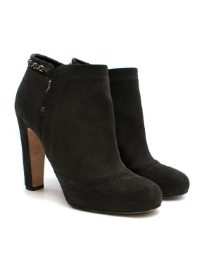 Chanel Grey Glitter Suede Chain Trim Ankle Boots