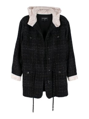 Chanel Black Metallic Tweed Jacket With Ivory Hood & Cuffs
